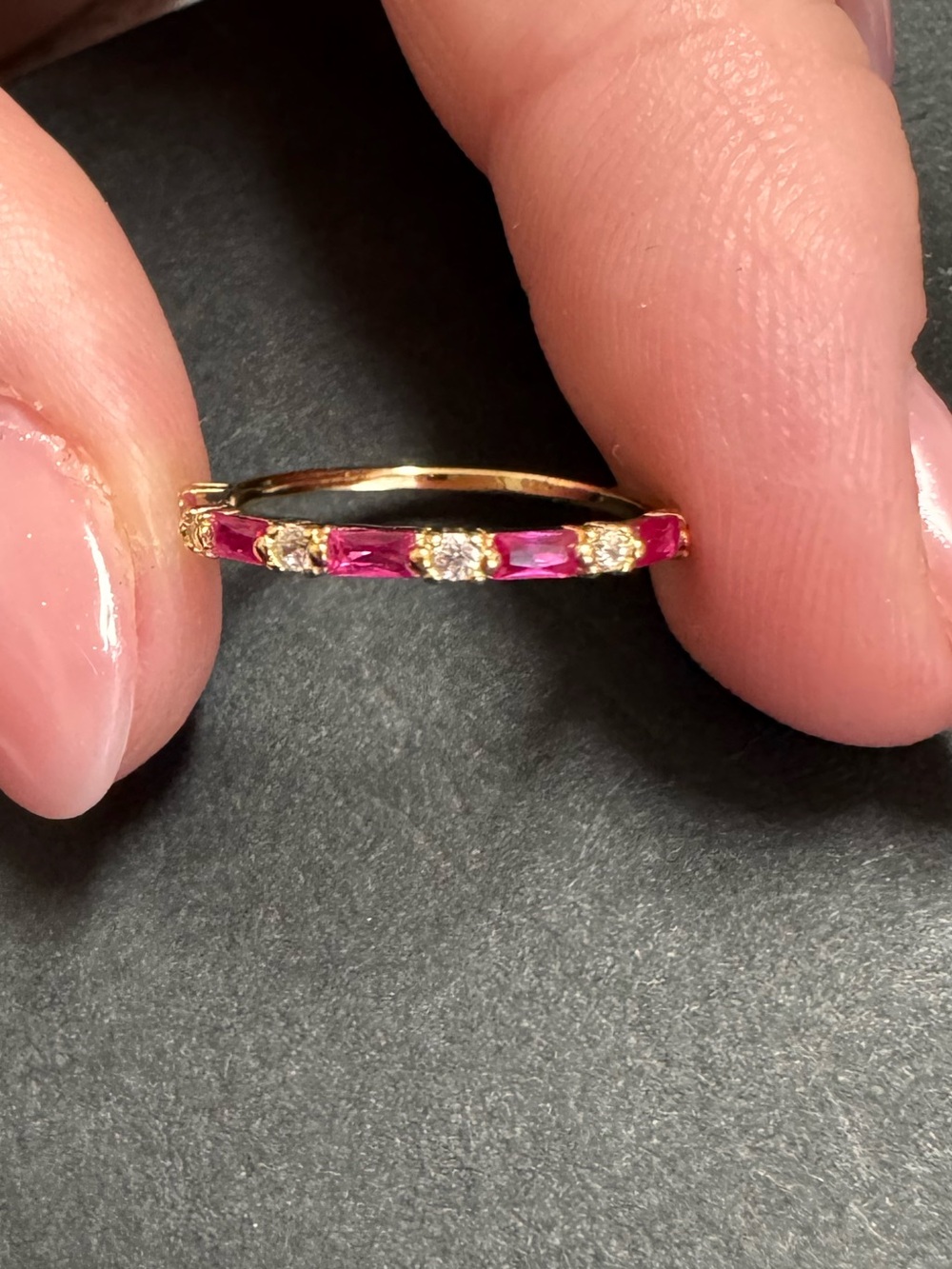 Gold Band Ring with Pink and Clear Stones - Picture 2 of 5